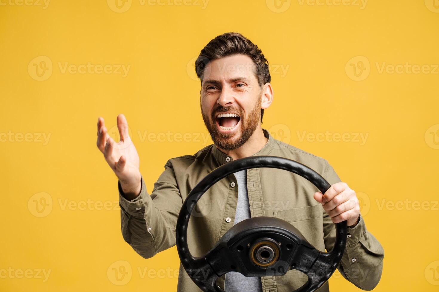 Portrait of negative, angry bearded Latin man wearing eyeglasses holding helm, shouting, gesturing photo