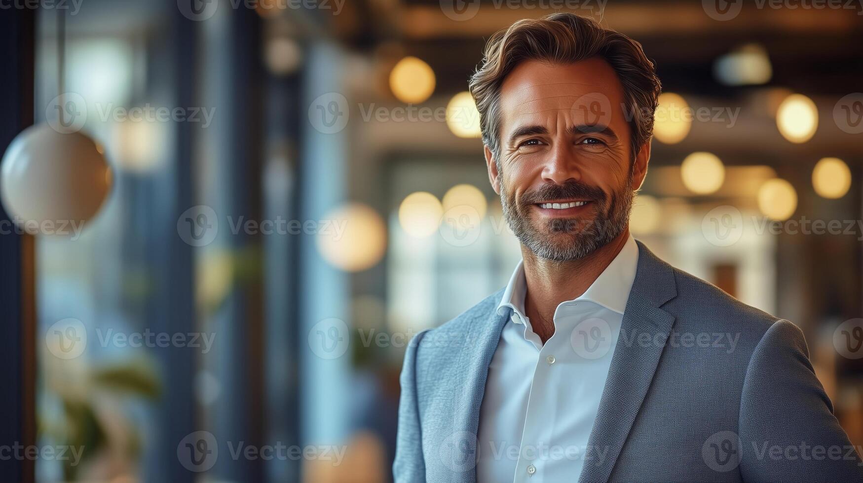 Charming Businessman with a Confident Smile in Modern Office photo
