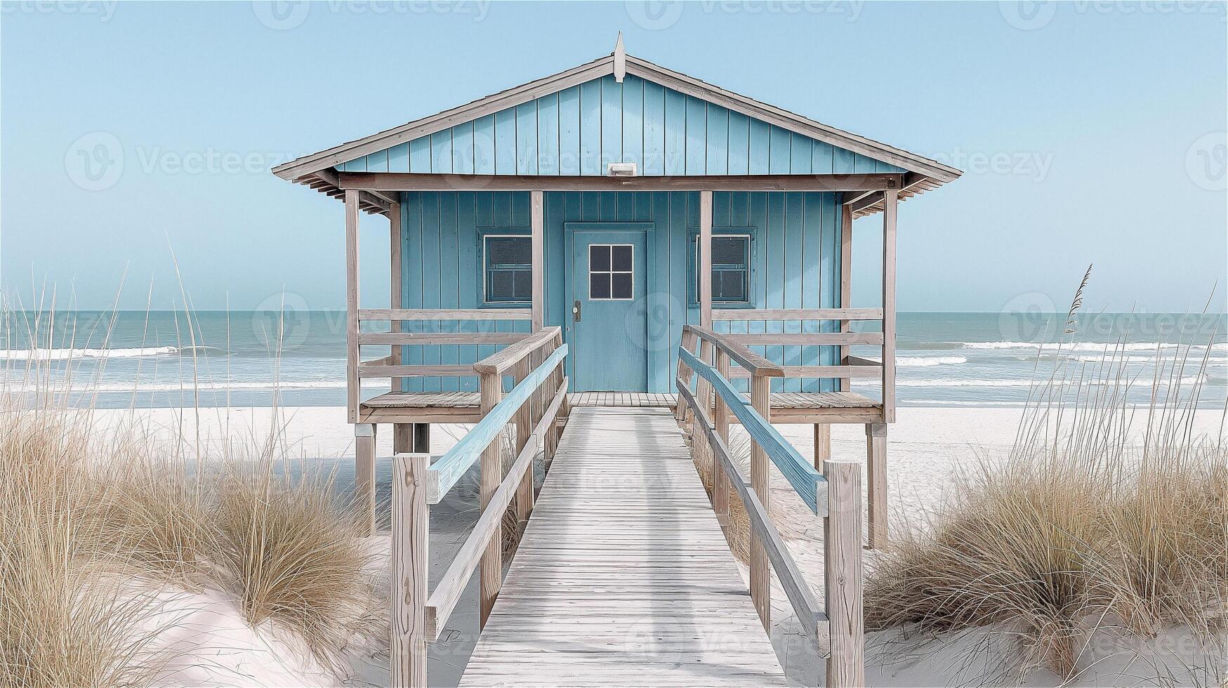 Wooden bridge through the dunes to a blue beach house, the sea in the background. photo
