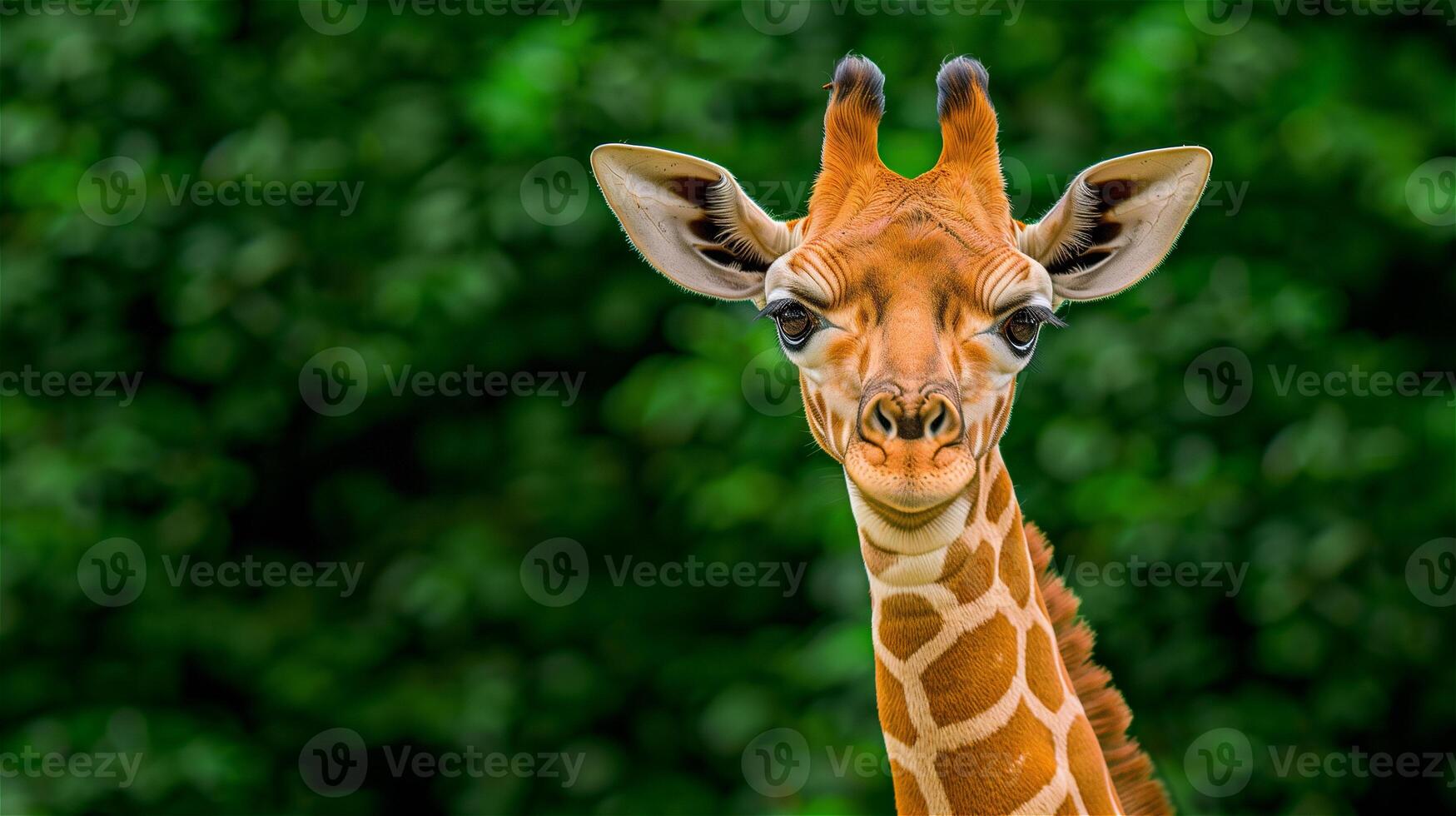 A tall giraffe looks curiously at the camera against a background of green foliage, copy space photo