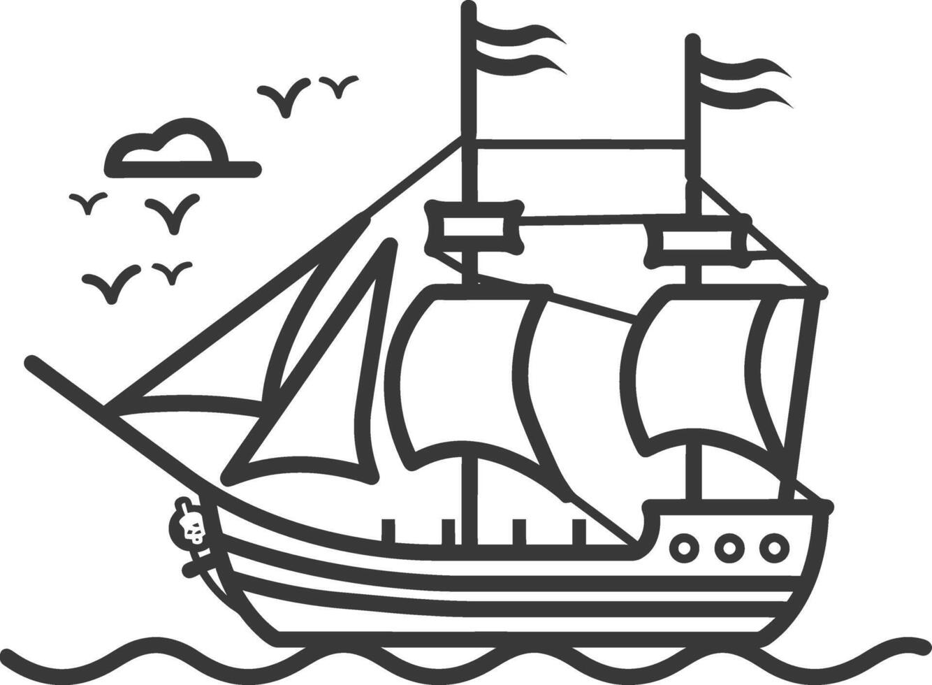 A black and white illustration of a sailing ship vector