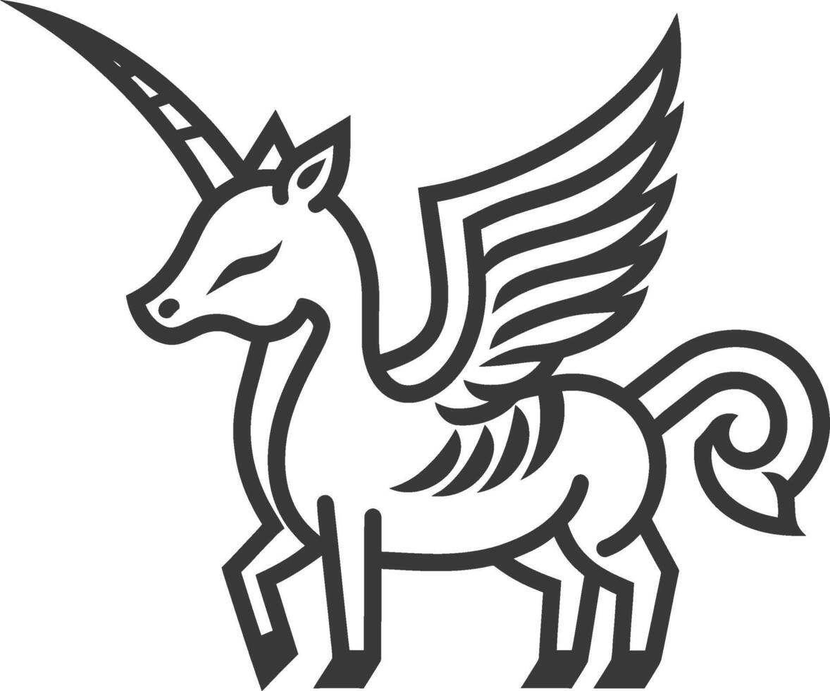 A black and white drawing of a unicorn with wings vector