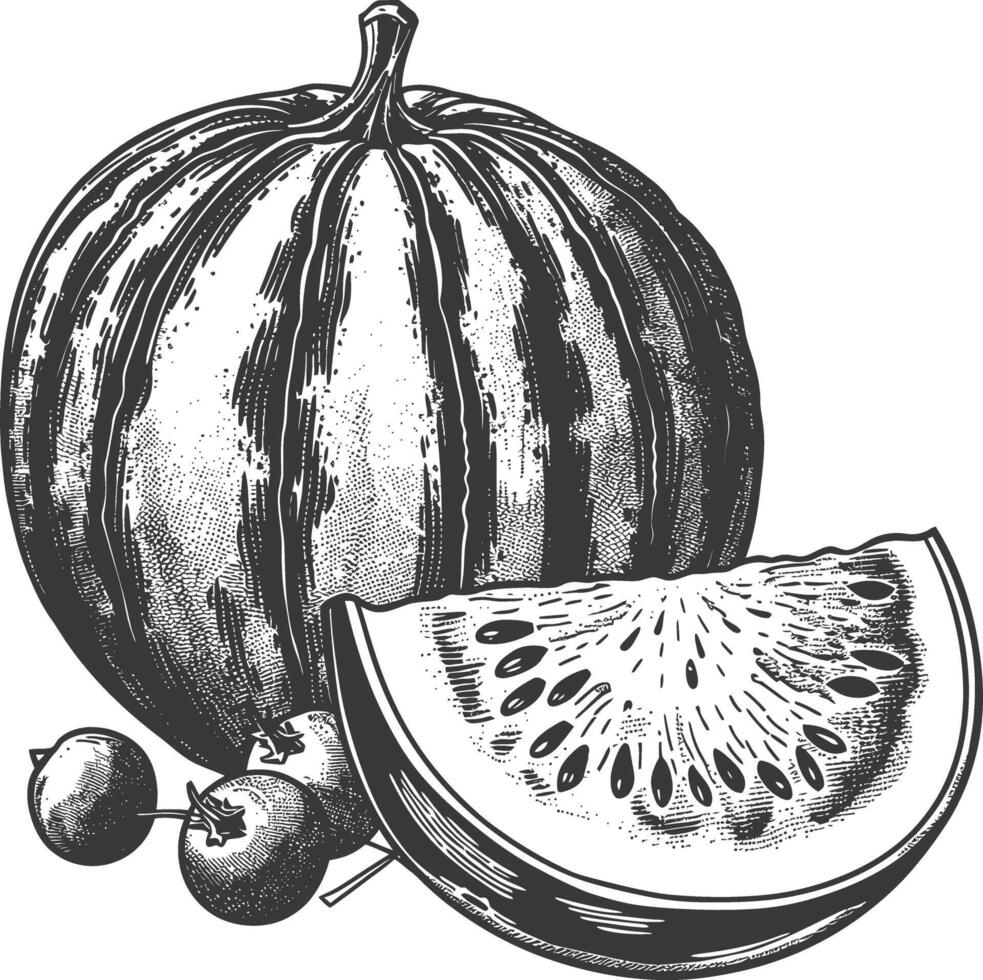 Watermelon and berries in engraving style vector