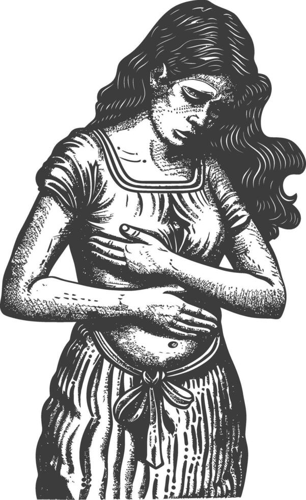 A black and white drawing of a woman with her hands on her stomach vector