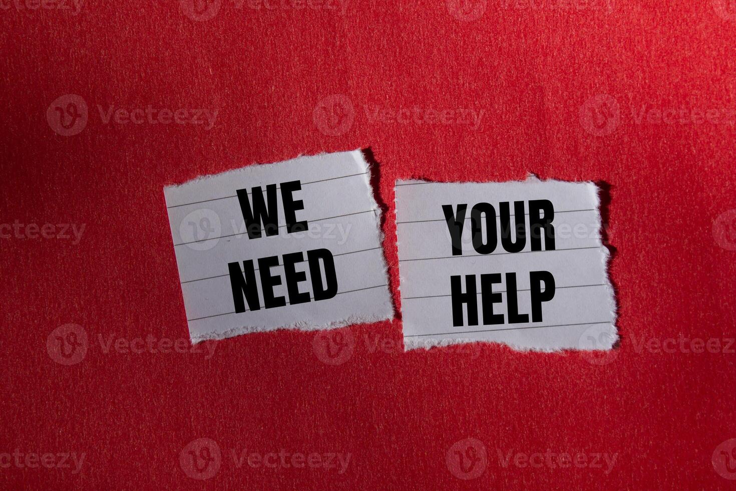 We need your help message written on ripped torn paper piece with red background. Conceptual we need your help symbol. Copy space. photo