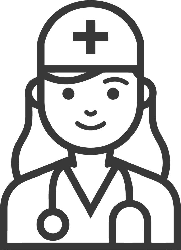 Line drawing of a female doctor with a stethoscope and a cross on her hat vector