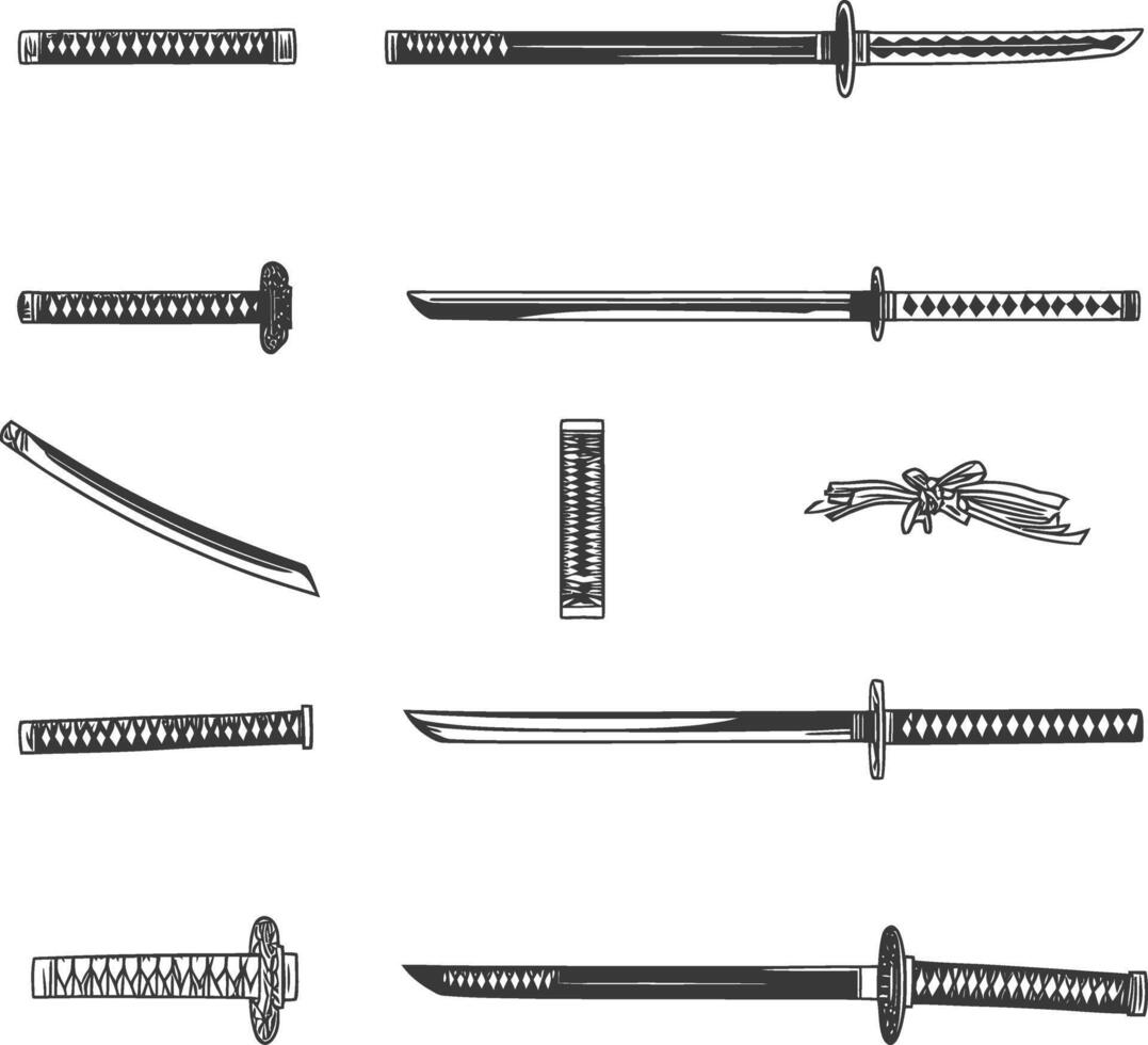 Hand Drawn Black and White Illustrations of Various Katana Swords vector