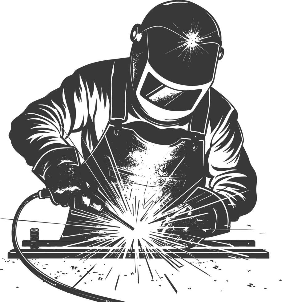 Welder welding metal on a metal plate vector