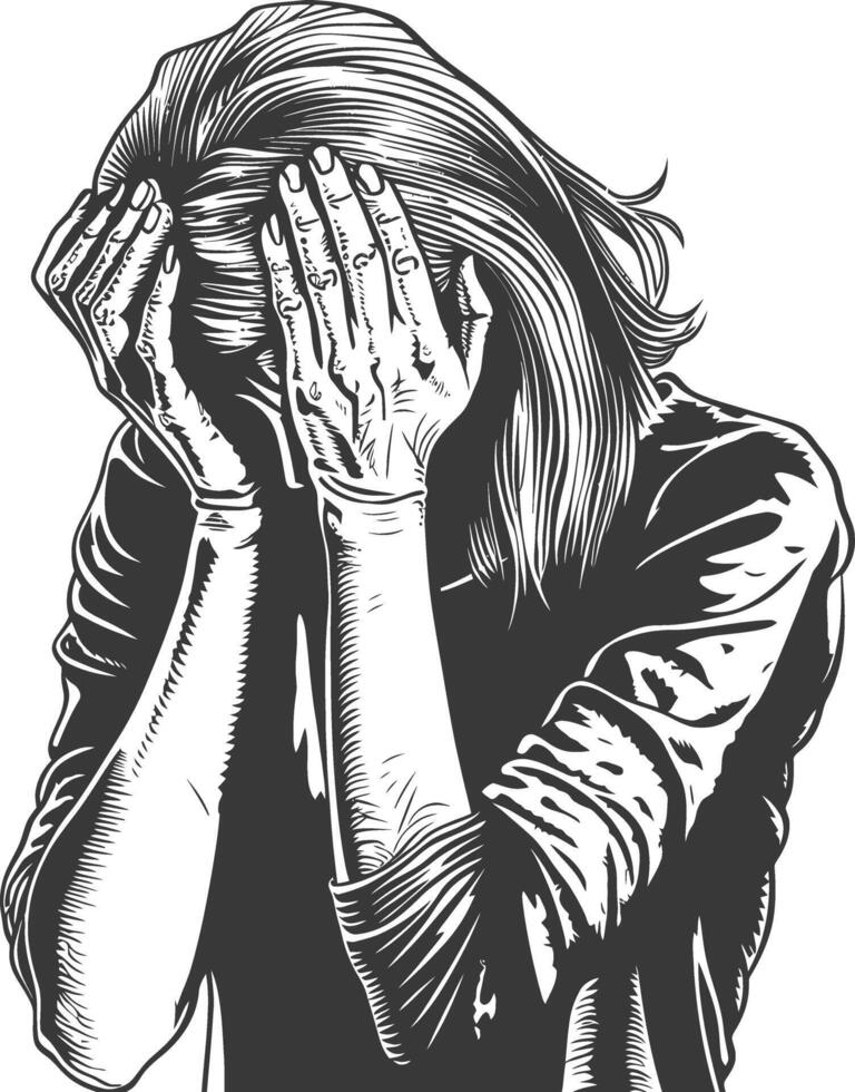 A black and white drawing of a woman with her hands on her face vector
