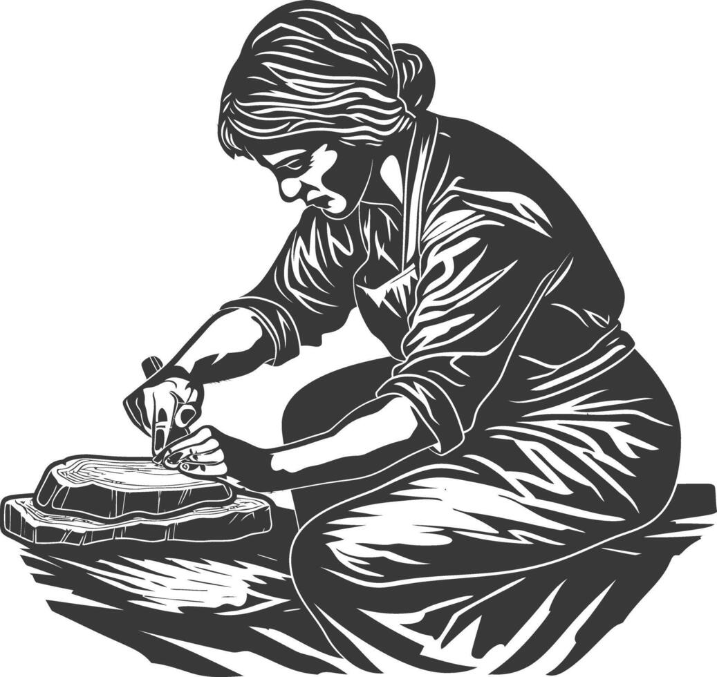 A woman in apron is carving a piece of meat vector