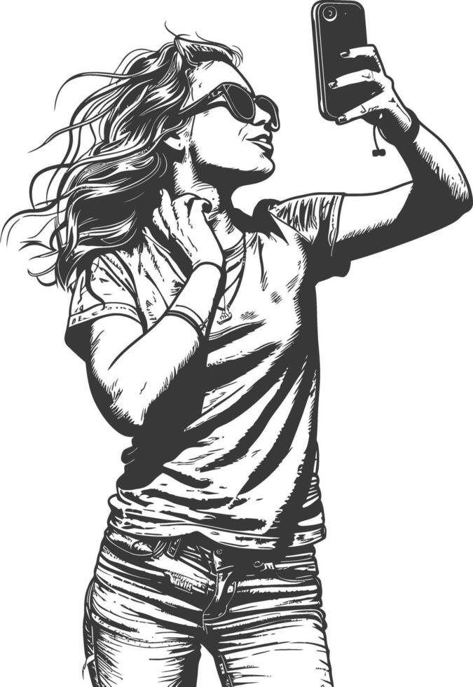 A black and white drawing of a woman taking a selfie vector