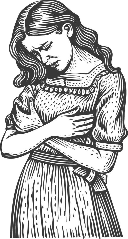 A black and white drawing of a woman with her hands on her chest vector