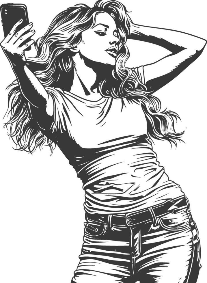 A black and white drawing of a woman taking a selfie vector