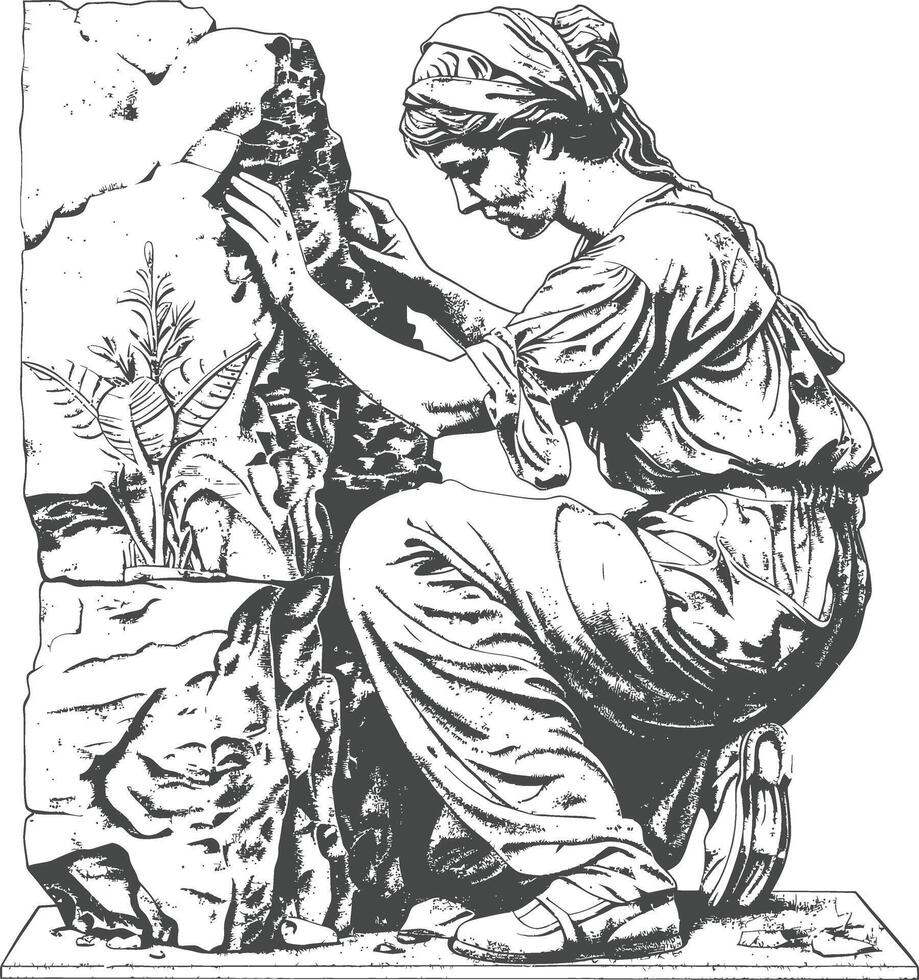 A woman is kneeling down and looking at a rock vector