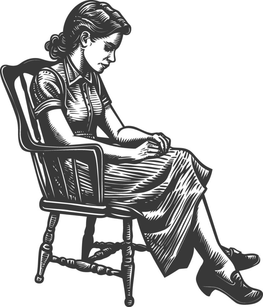 A black and white drawing of a woman sitting on a chair vector