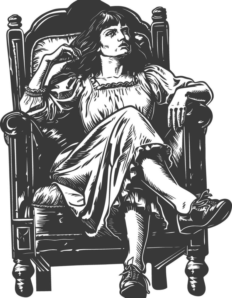 A black and white drawing of a woman sitting in a chair vector