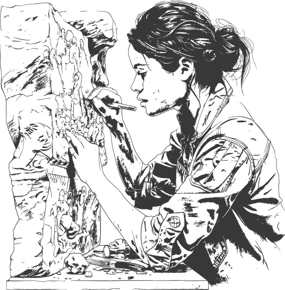 A woman is drawing on a wall with a pencil vector