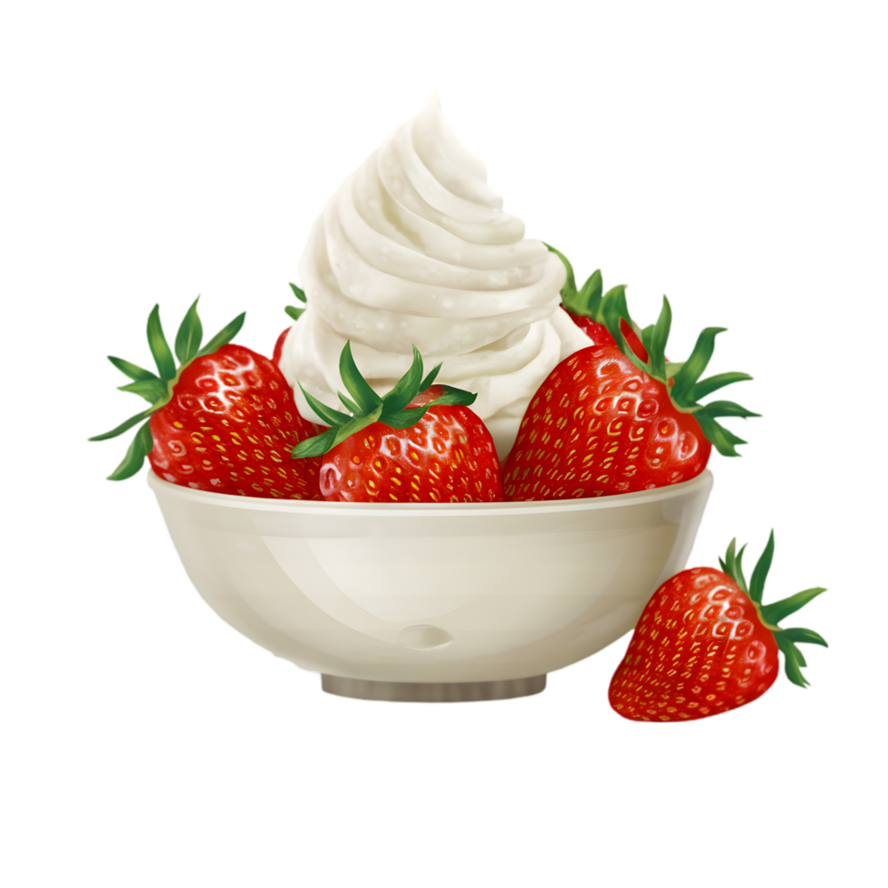 Fresh Strawberries with Whipped Cream in a White png