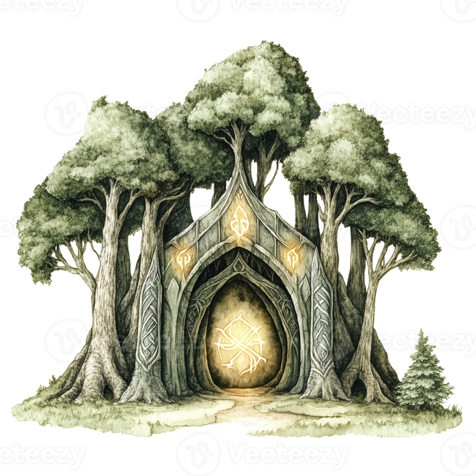 A Mystical Elven Forest Portal Surrounded by Ancient Trees Leading to a Magical World png