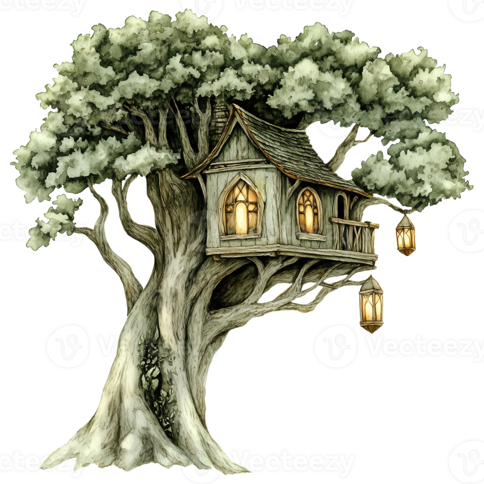 A Treehouse Nestled in the Branches of a Tall Ancient Tree with Soft Green Leaves and Glowing Lanterns png