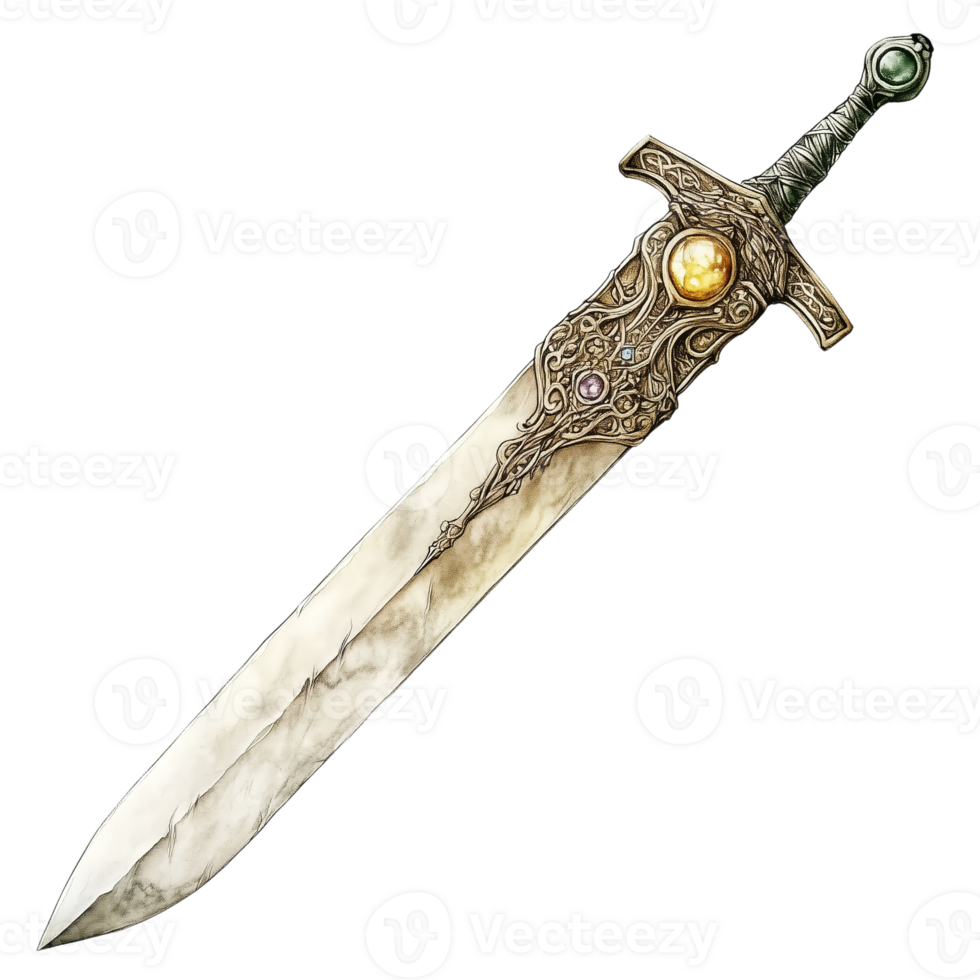 An Elegant Elven Sword Adorned with Intricate Carvings and a Gem-Encrusted Hilt png