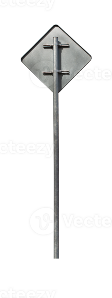 Back side of traffic sign priority road with a metal post. png