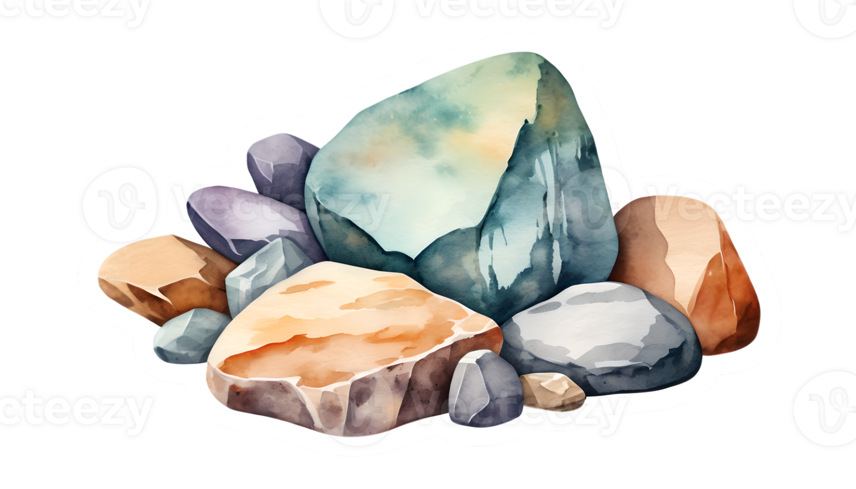 Various shaped stones sticker illustration, watercolor style. png