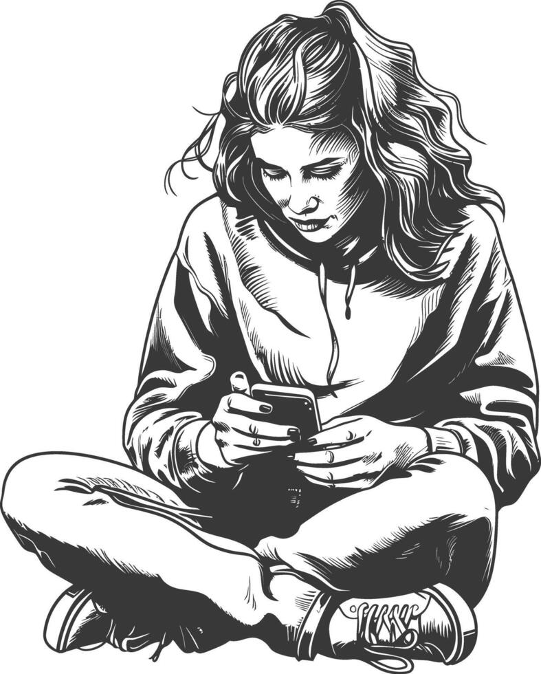 A girl sitting on the floor with her phone vector