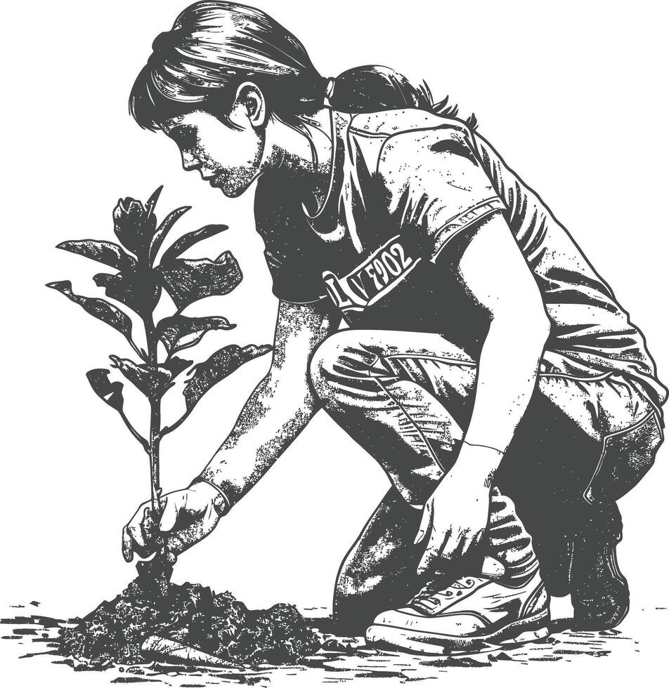 A woman kneeling down to plant a tree vector