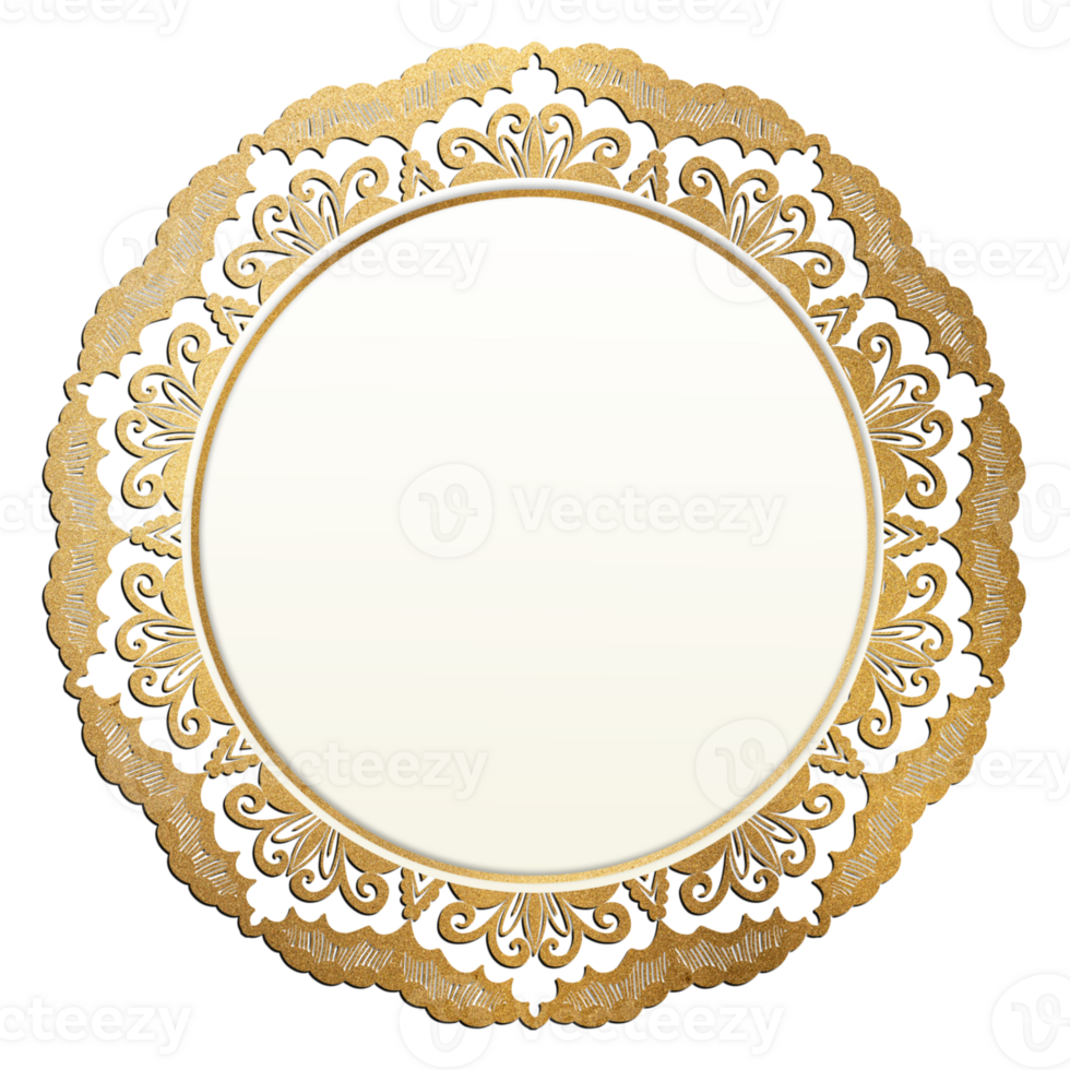 Golden round plate with lace pattern on Transparent background png