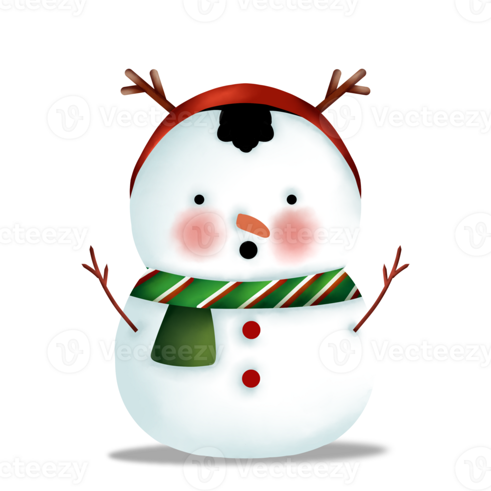 A cartoon snowman wearing a scarf and hat png