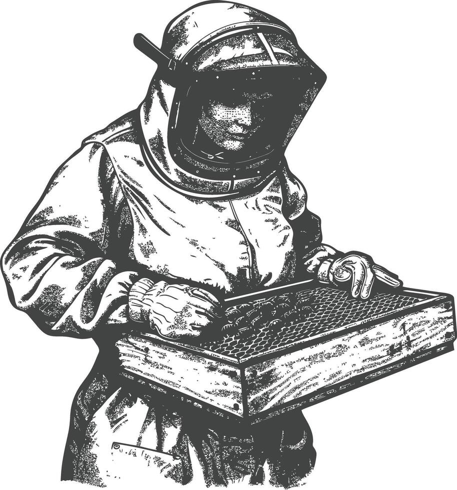 Beekeeper with a hive and a box of honey vector