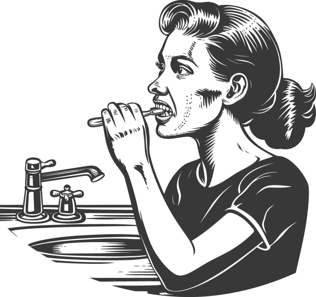 A woman brushing her teeth in front of the sink vector