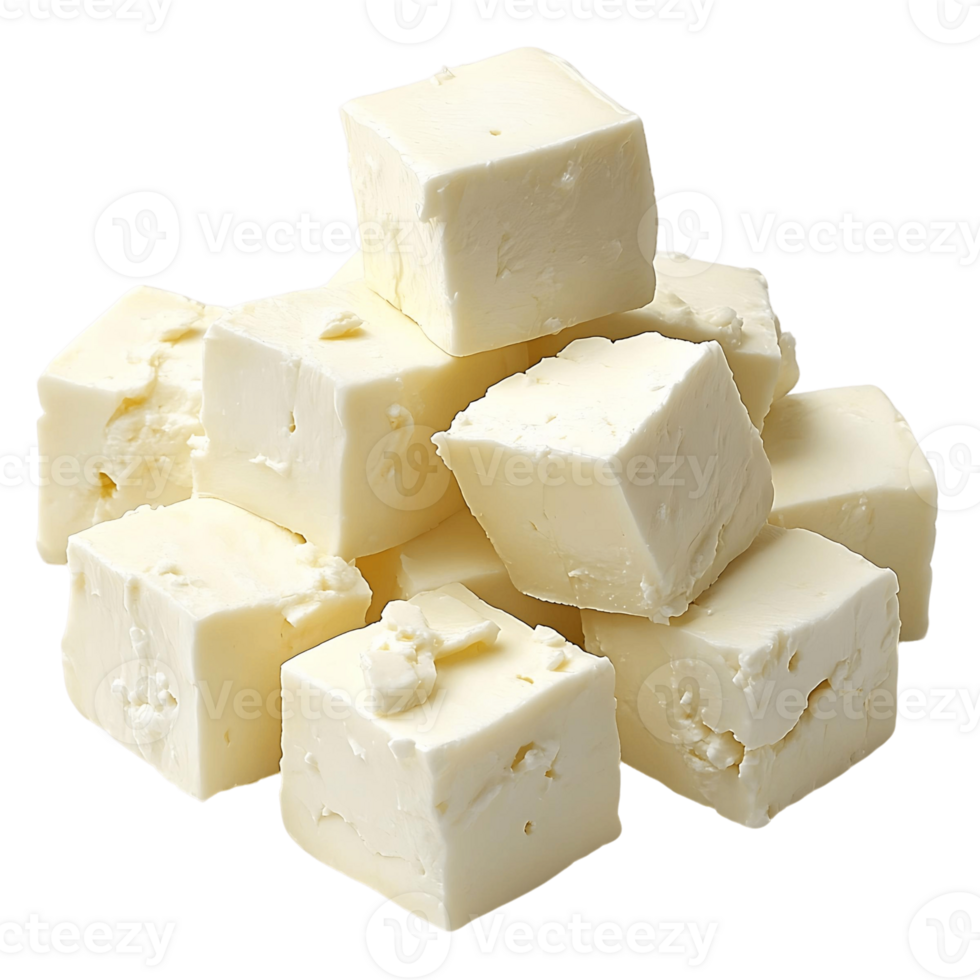 Several cubes of feta cheese, slightly crumbly with visible moisture, isolated on a transparent background png