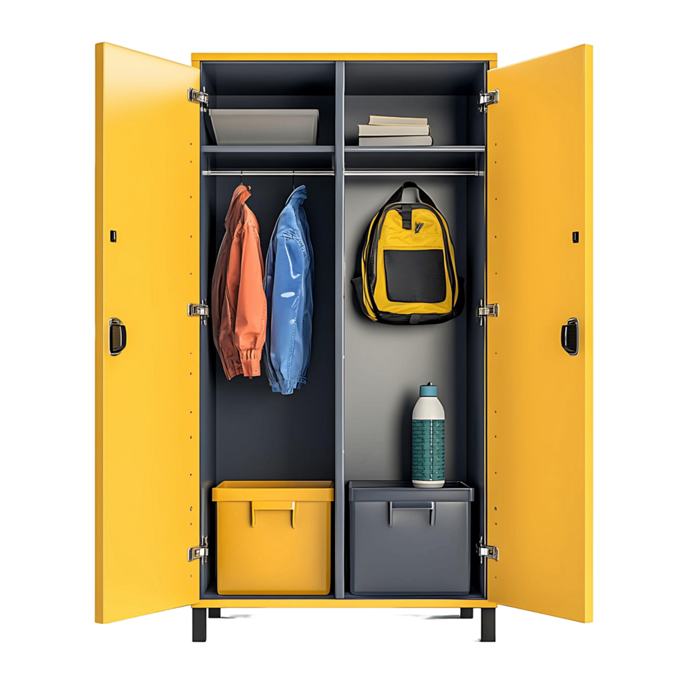 A school locker with multiple shelves and hooks for organization, featuring a backpack, water bottle, and jacket hanging inside, isolated on transparent background png