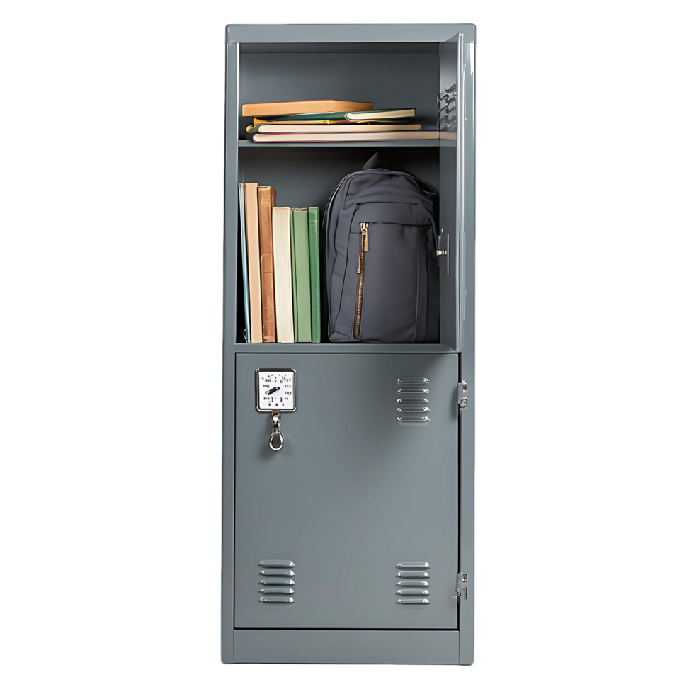A classic metal school locker with a combination lock, slightly open with books and a backpack inside, isolated on transparent background png