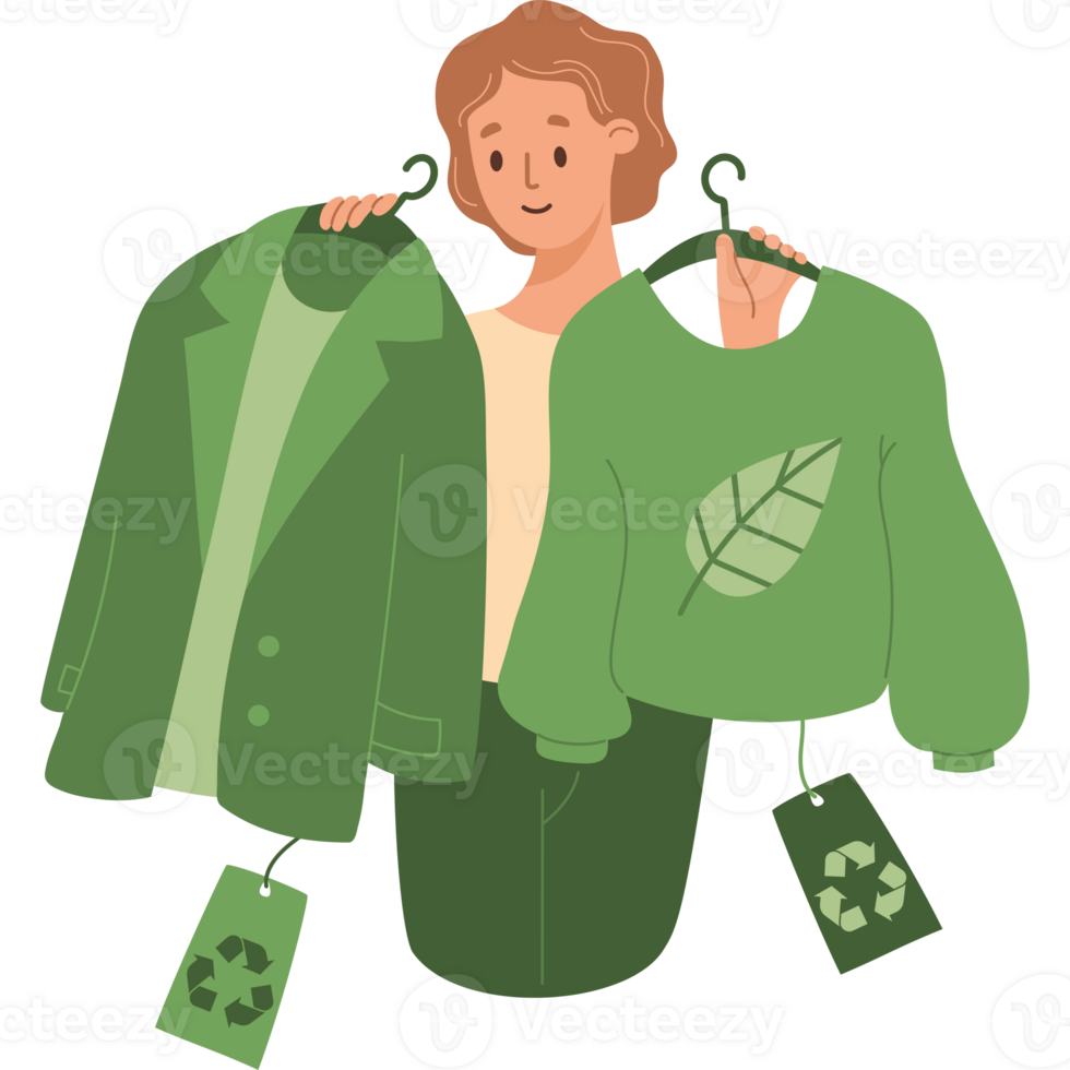 Eco friendly clothing fashion. Woman buying recycling textile png
