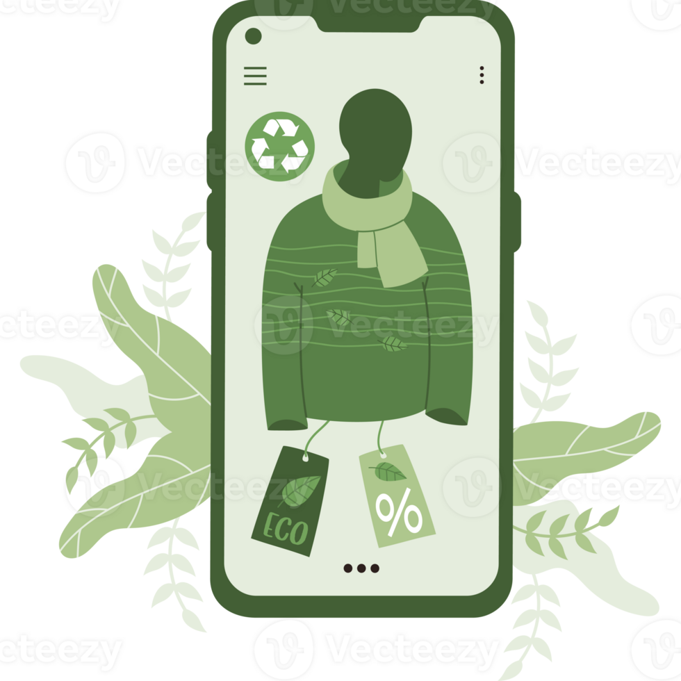 Eco-Friendly Online Shopping. Mannequin in phone in eco fashionable green sweater made from recycled material png