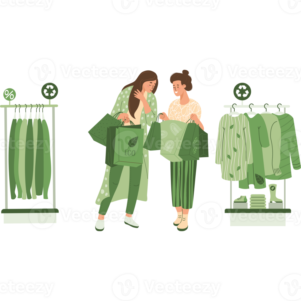 Shopping eco-friendly store. Women near rack with clothes made from recycled material png
