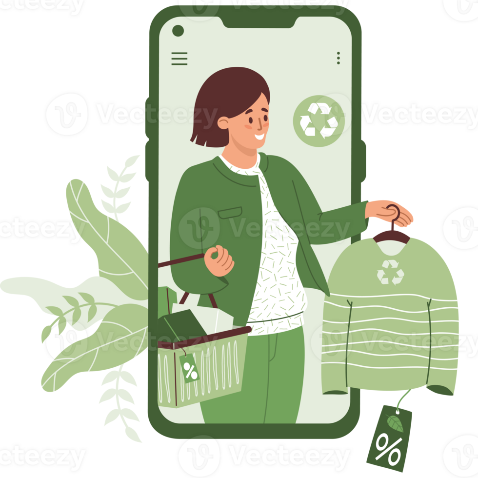 Eco-Friendly Online Shopping. Phone screen with woman with recycling sweater png