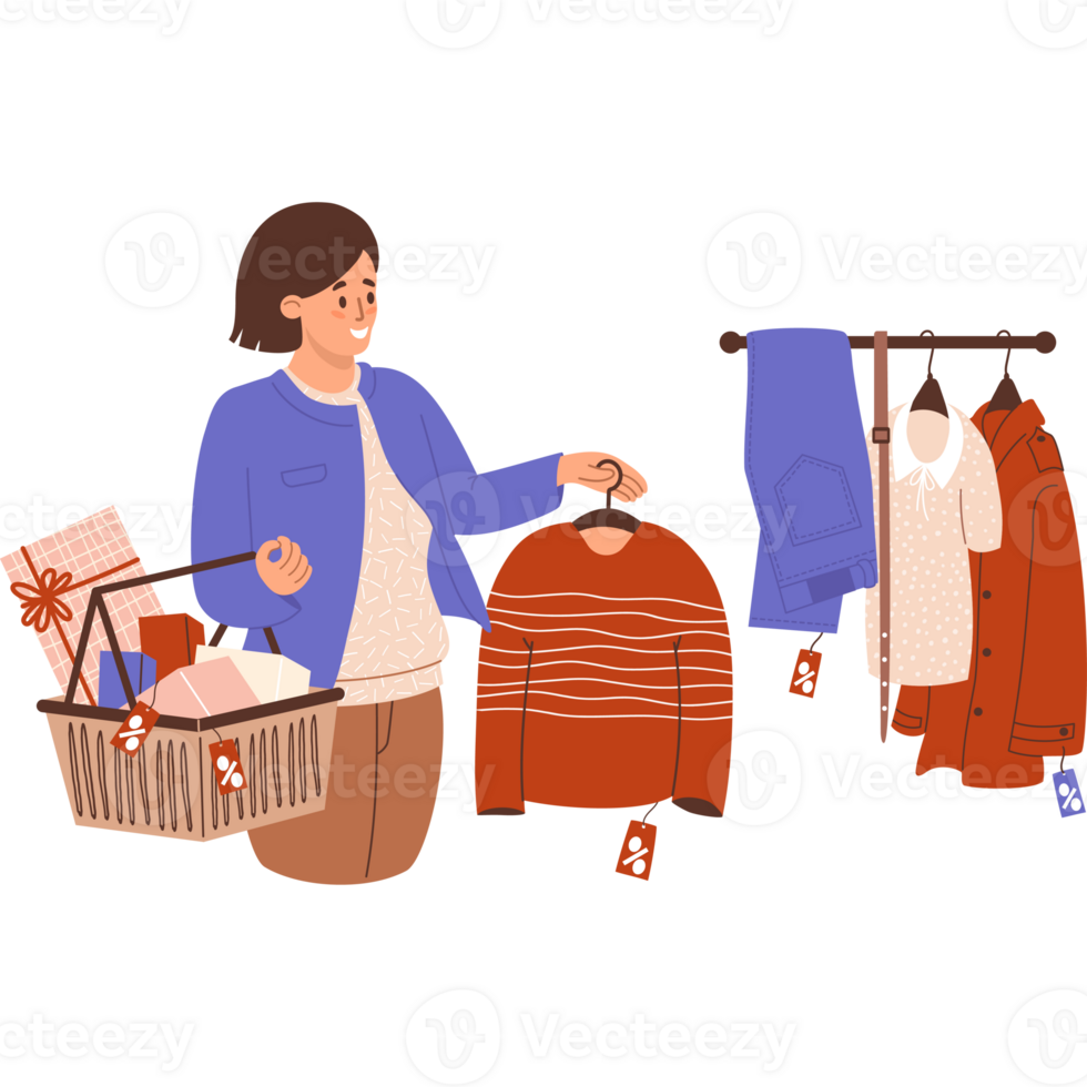 Shopping sale. Happy woman with sweater png