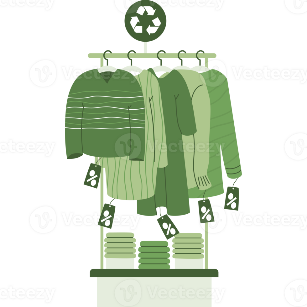 Eco friendly clothing shopping. Sustainable Fashion Eco-conscious attire on hangers. Sale png