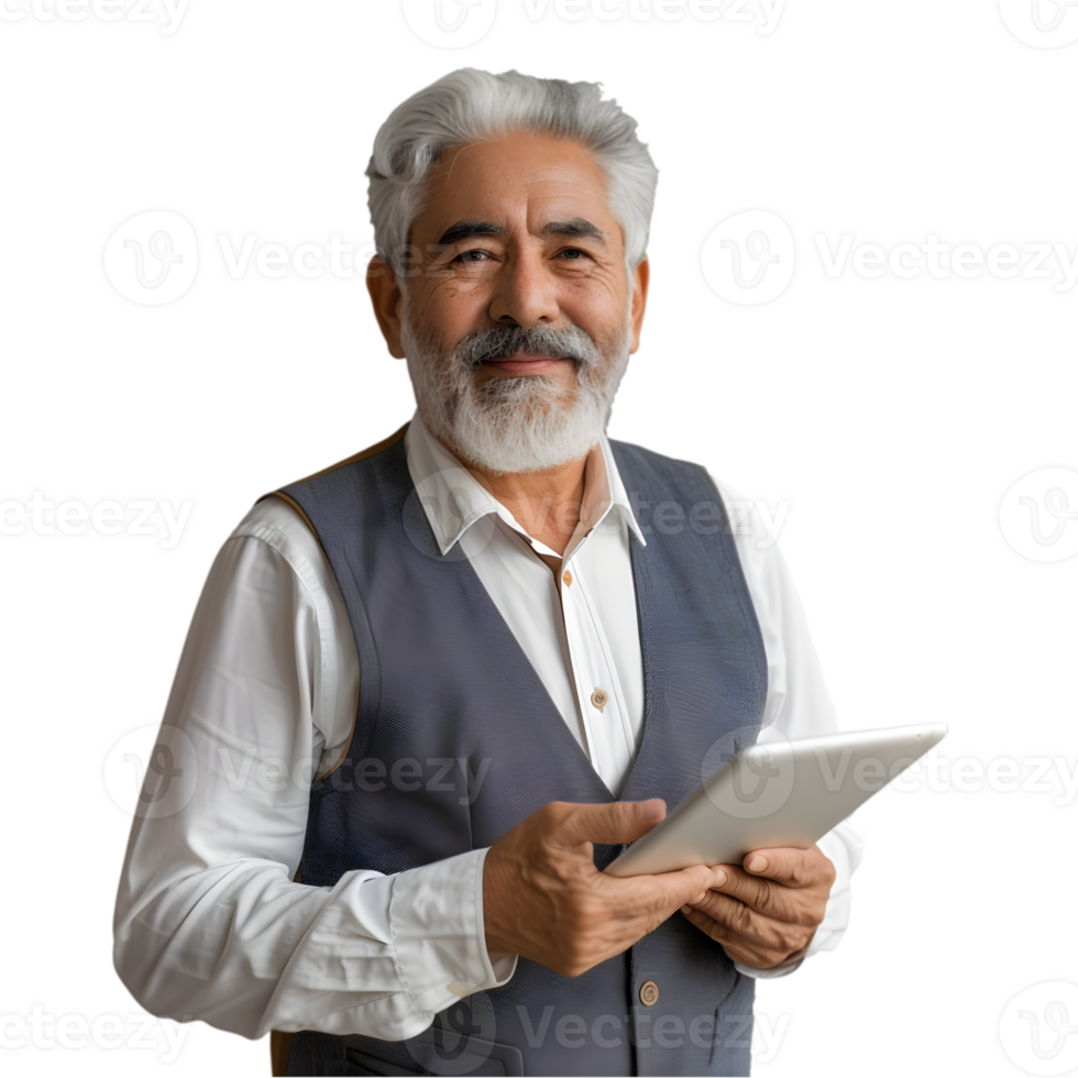 An older man with a white beard and vest holding a tablet png