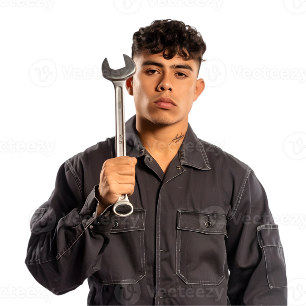 A young man in a work uniform holding a wrench png