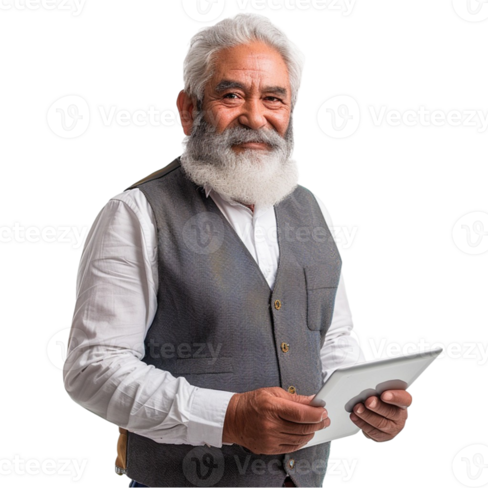 An older man with a beard and vest holding a tablet png