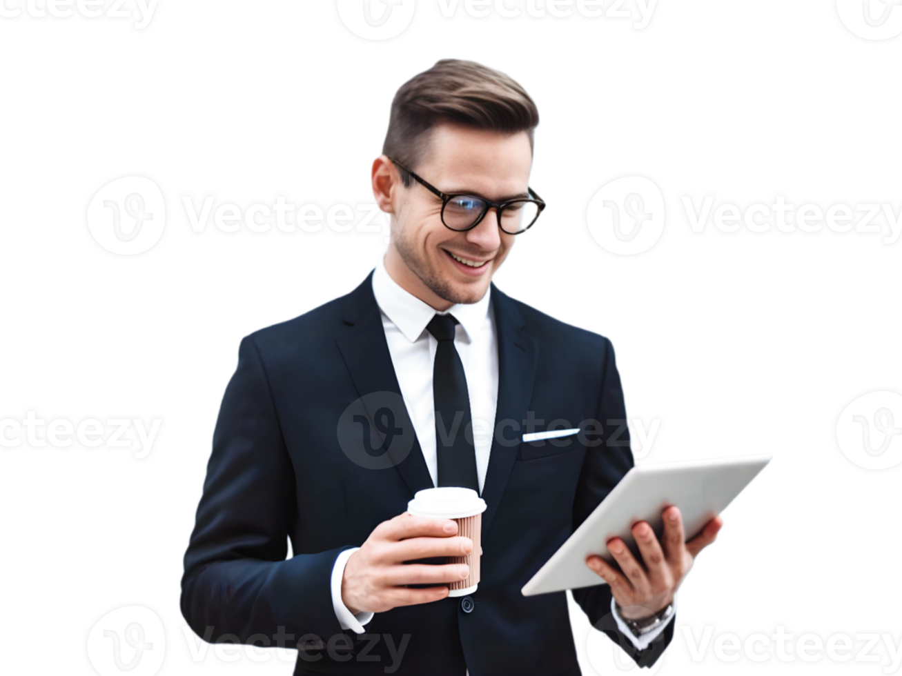 A man in a suit and glasses holding a tablet png