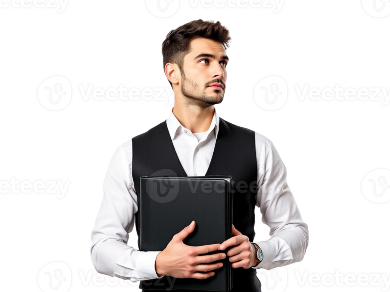 A man in a vest holding a black folder png