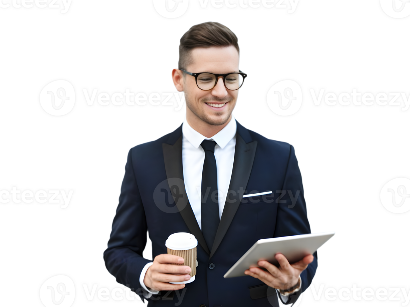 A man in a suit holding a tablet and coffee png