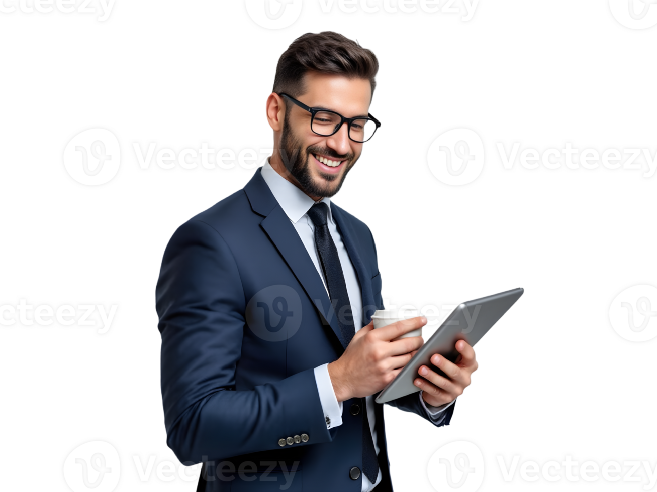 A man in a suit holding a tablet computer png