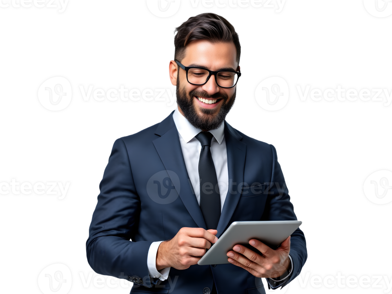 A man in a suit and glasses is holding a tablet png